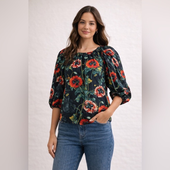 H&M Tops - Black Red Poppy Floral Blouse Puff Sleeve Romantic Top Size 6